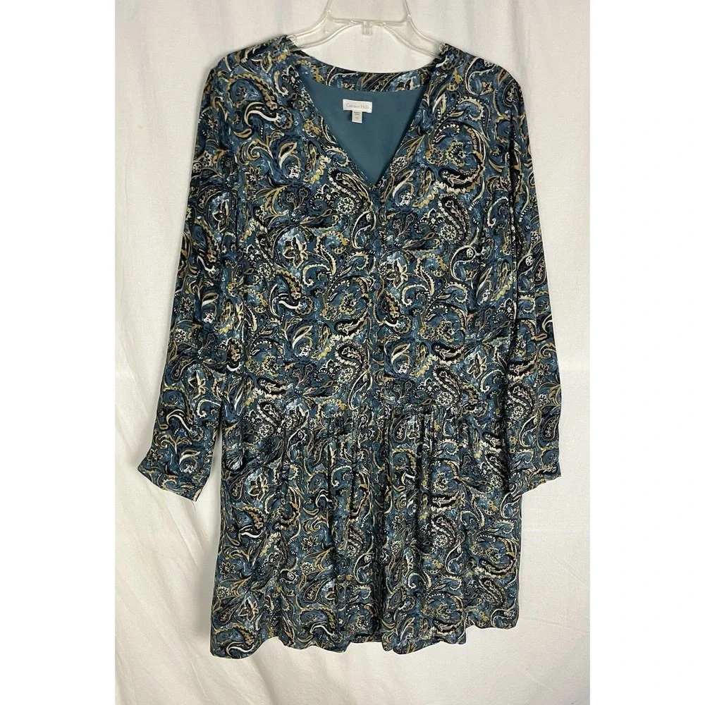 Garnet Hill Women's Size 10‎ Drop Waist Button Up Long Sleeve Teal Paisley Dress